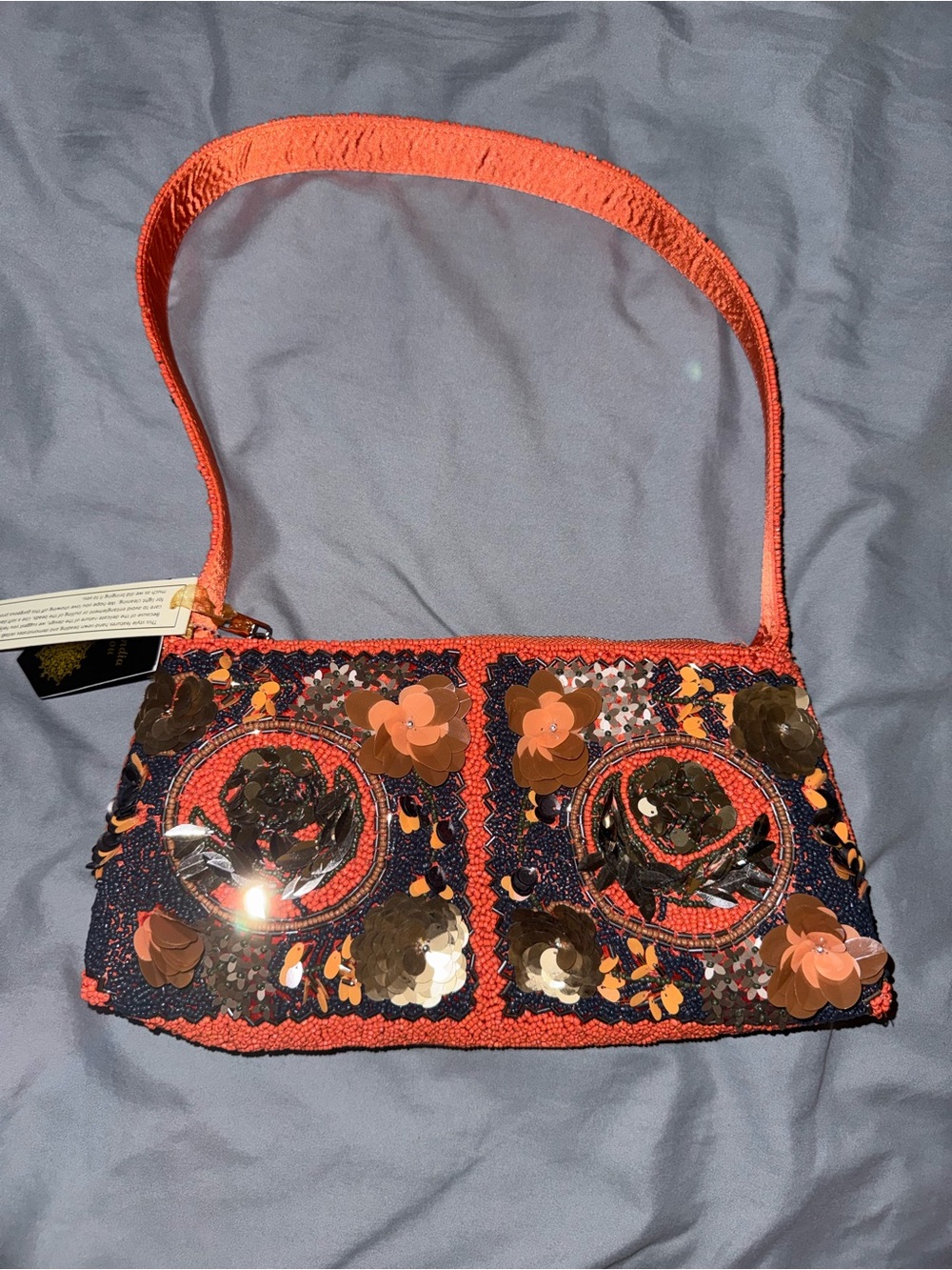 Orange Beaded and Sequin Floral Shoulder Bag Handmade in India New with Tags